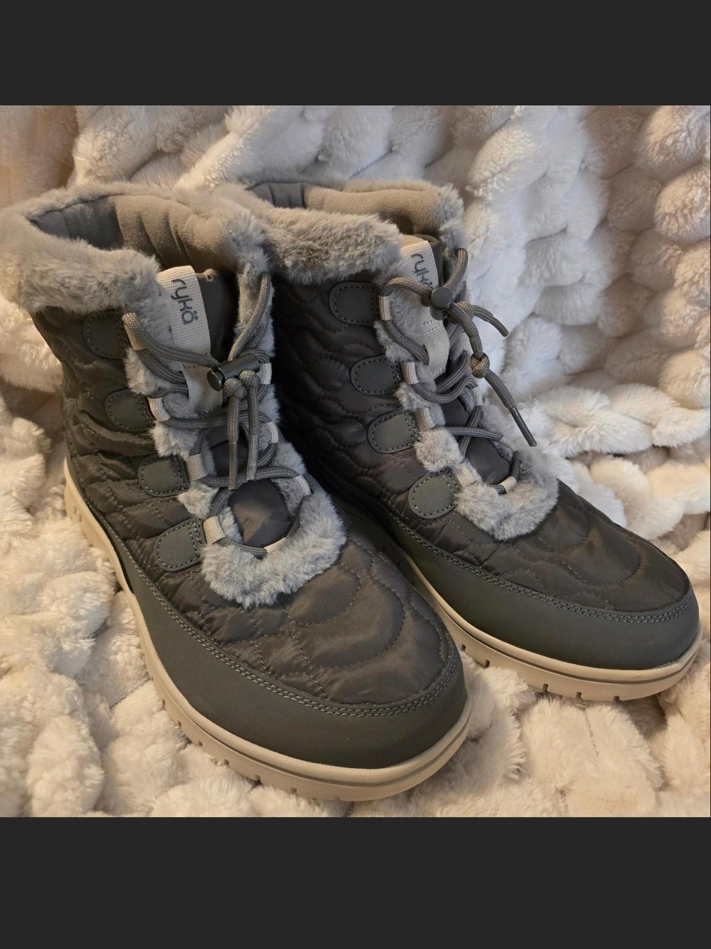 Ryka Snowbound Gray Quilted Faux-Fur Trim Winter Ankle Boots